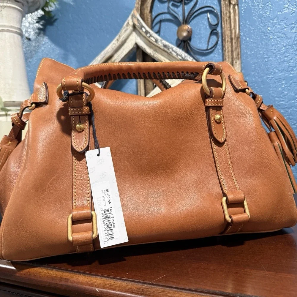 Dooney & Bourke Florentine Natural Satchel, Zip Tassel, Strap, Gold, Pockets